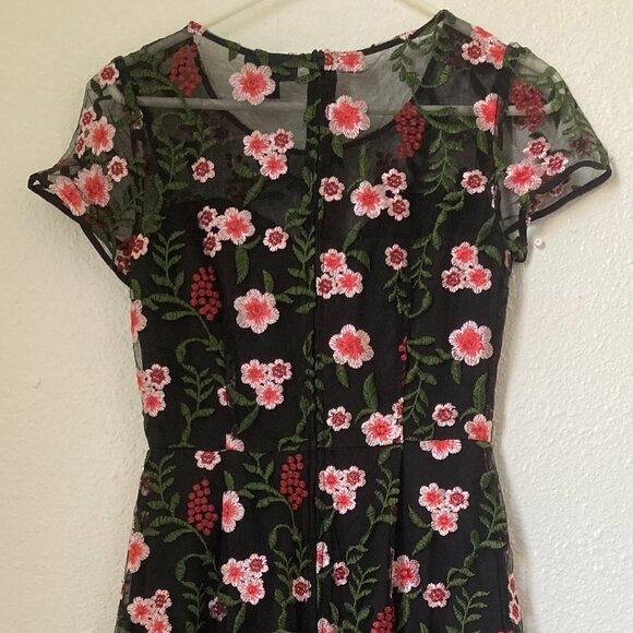 Black Embroidered Mini Dress with Mesh Peekaboo Shoulders, Size S - Picture 1 of 3